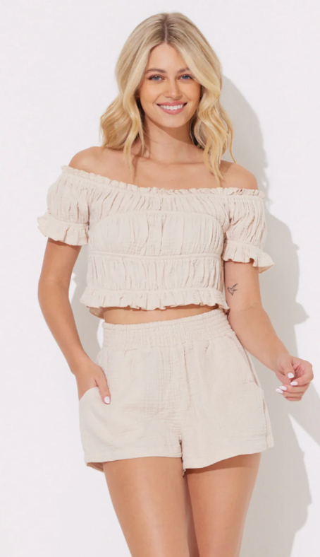 SAND GAUZE OFF SHOULD CROP TOP